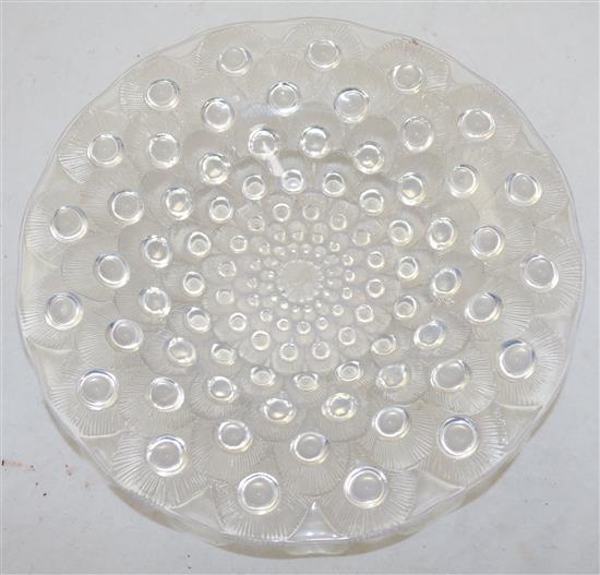 A René Lalique Plumes de Paon pattern opalescent glass dish, diameter 30.5cm